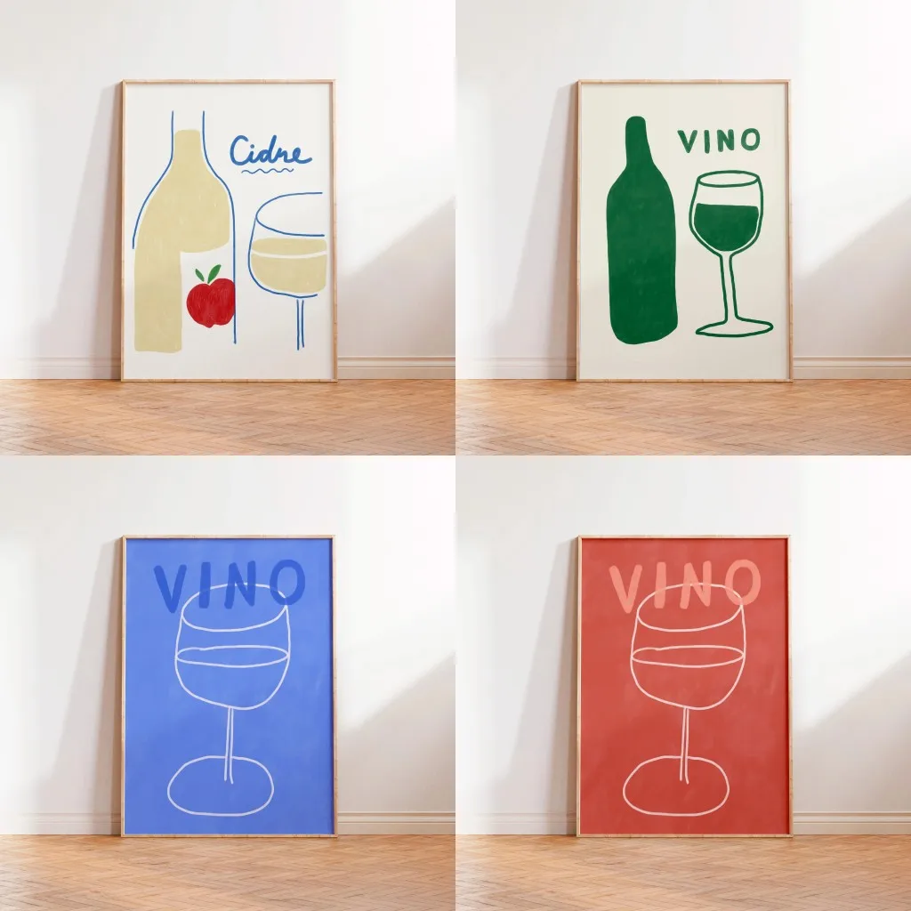 Trendy Minimalistic Wine Poster Eclectic Drinks Wall Art Print Cheers Drinks Cidre Vino Canvas Painting Home Bar Decor