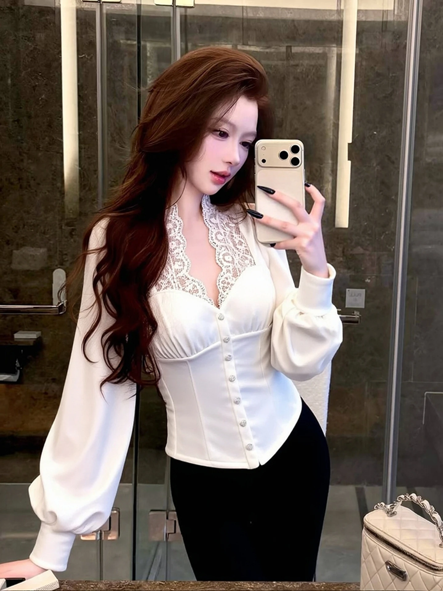 

Ele White Velvet irt Женская кружевная длинная све с высокой талией V-Ne Bubble Sve Faionable Casual Busin irt