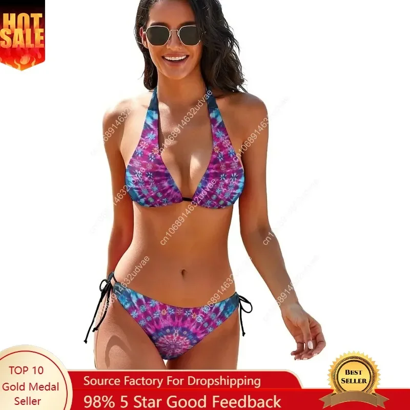 Women's Two Piece Tie Dye Bikini Set Halter Padded Top Tie Side Bottom Swimsuit