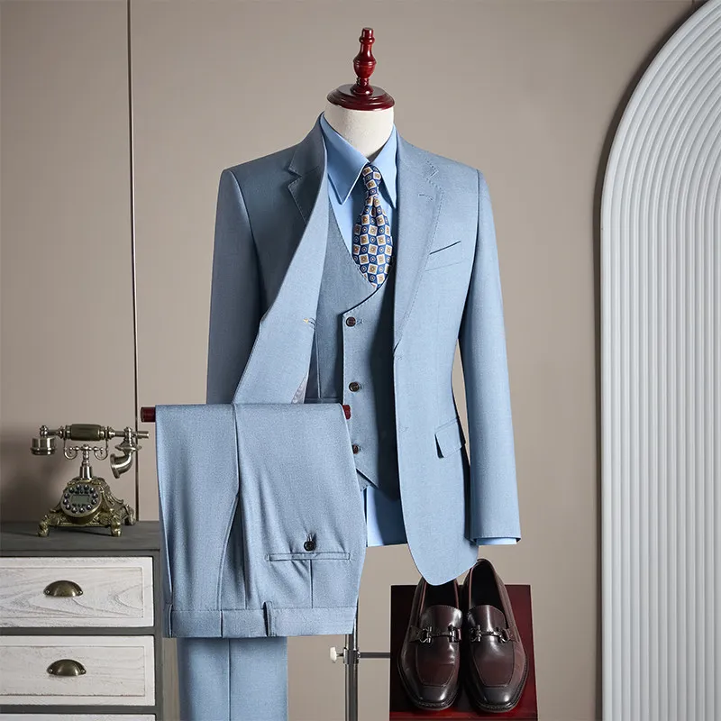 

High-end party casual wedding solid color business banquet woolen suit set men's casual suit three-piece set
