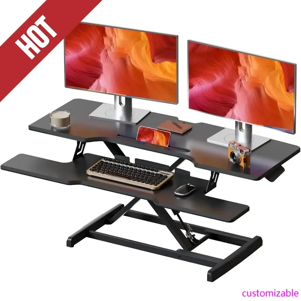 HOT-42 Inch Standing Desk Converter, Height Adjustable Desktop Standing Desk With Keyboard Tray For Two Monitors, Sit To Stand U