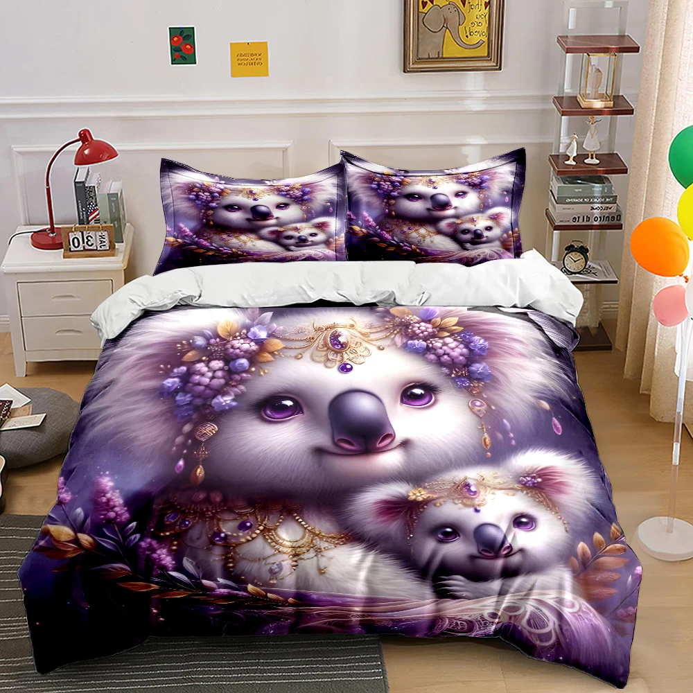 Dreamy Purple Flower Koala Pattern Duvet Cover Set Digital Print Colorful Polyester Bedding with Zipper Closur for kids gifts