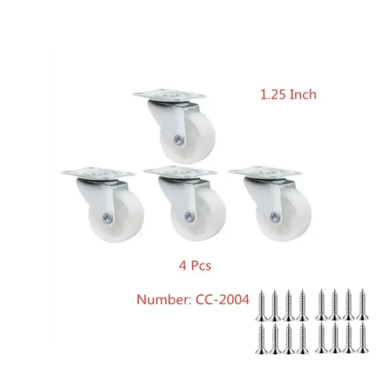 4 Pcs 1.25 Inch Furniture Caster White Pp Small Plastic Wheel Industrial Flat Bottom Universal Bearing 60KG
