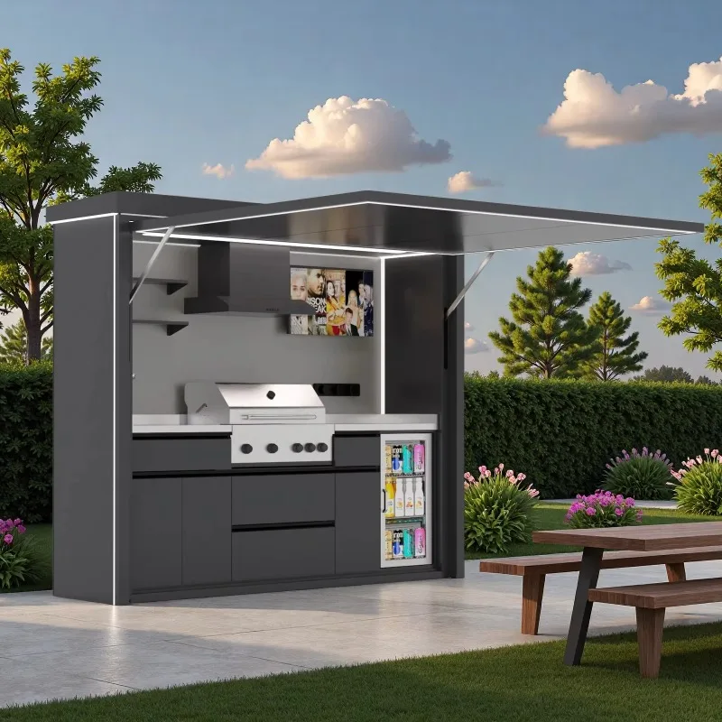 Outdoor kitchen cabinet with stainless steel countertop and integrated barbecue grill, suitable for gardens and terraces