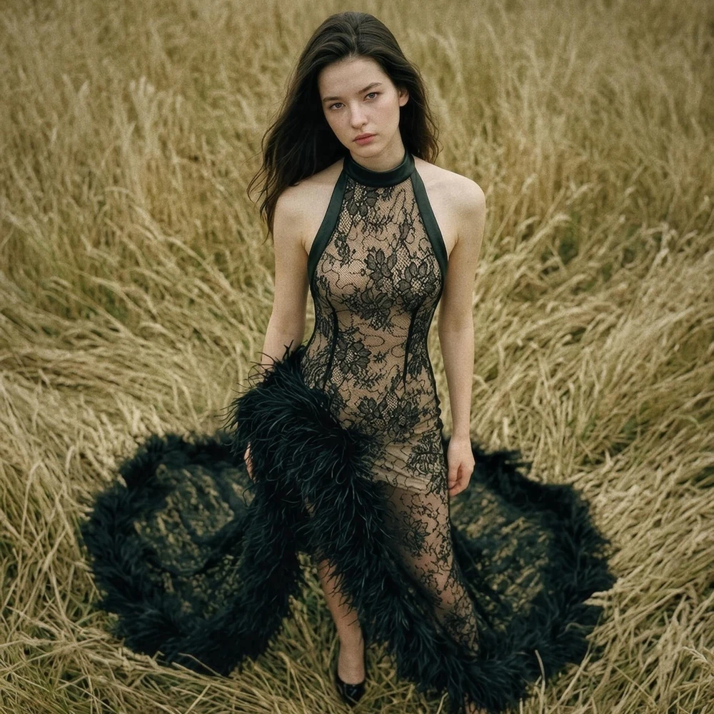 

Sexy Black Feather Lace Evening Gown Sheer Mesh Halter Neck Bodycon Party Dress Mermaid Formal Women's Wedding Guest Gown