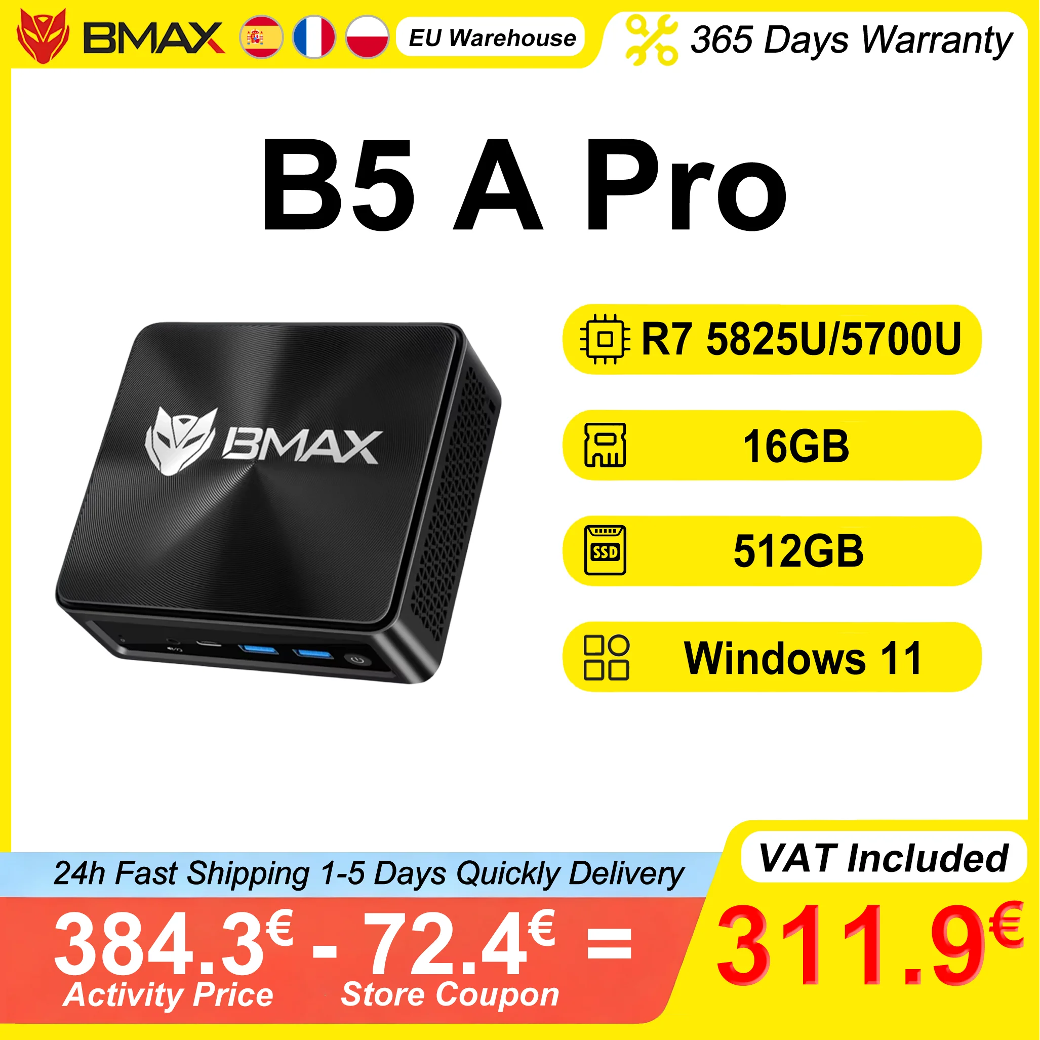 Mini PC BMAX B5 A Pro, AMD Ryzen 7 5825U/5700U, 16GB RAM DDR4, 512GB SSD NVMe, 4K a 60Hz, HDMI, Tipo-C, Mini Computadora de Escritorio