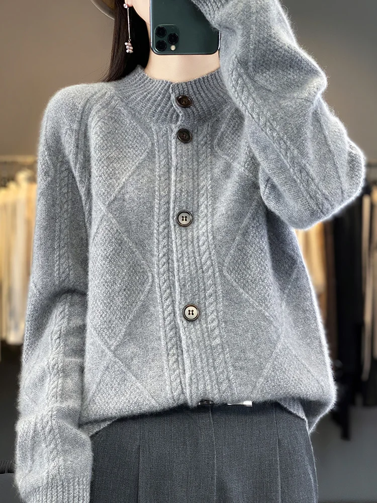 

Autumn Winter O-neck Cardigan For Women 100% Merino Wool Thickened Pure Colors Cashmere Knitted Sweater Female Clothing Tops