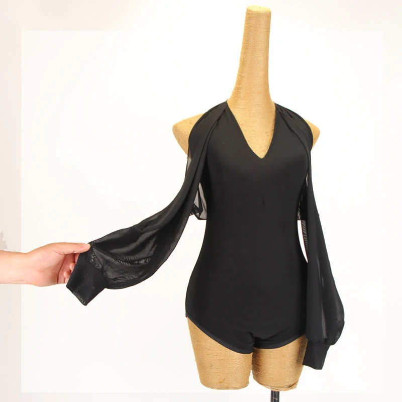 

Latin Ballroom Dance Long Sleeves Halter Neck Tops Black Long Sleeves Bodysuit Women Professional Rumba Practice Clothing SS1130