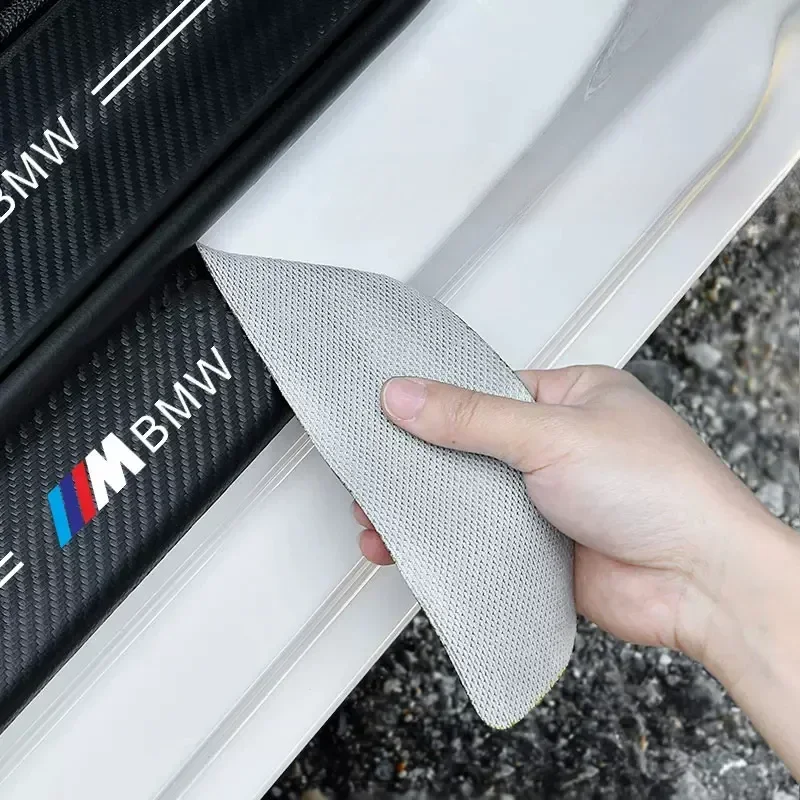 4P/Set Car Stickers Carbon Fiber Decal Door Sill Scuff Plate Covers Car Threshold Decor Trim For BMW M M3 M5 E90 E91 E60 F10 F30