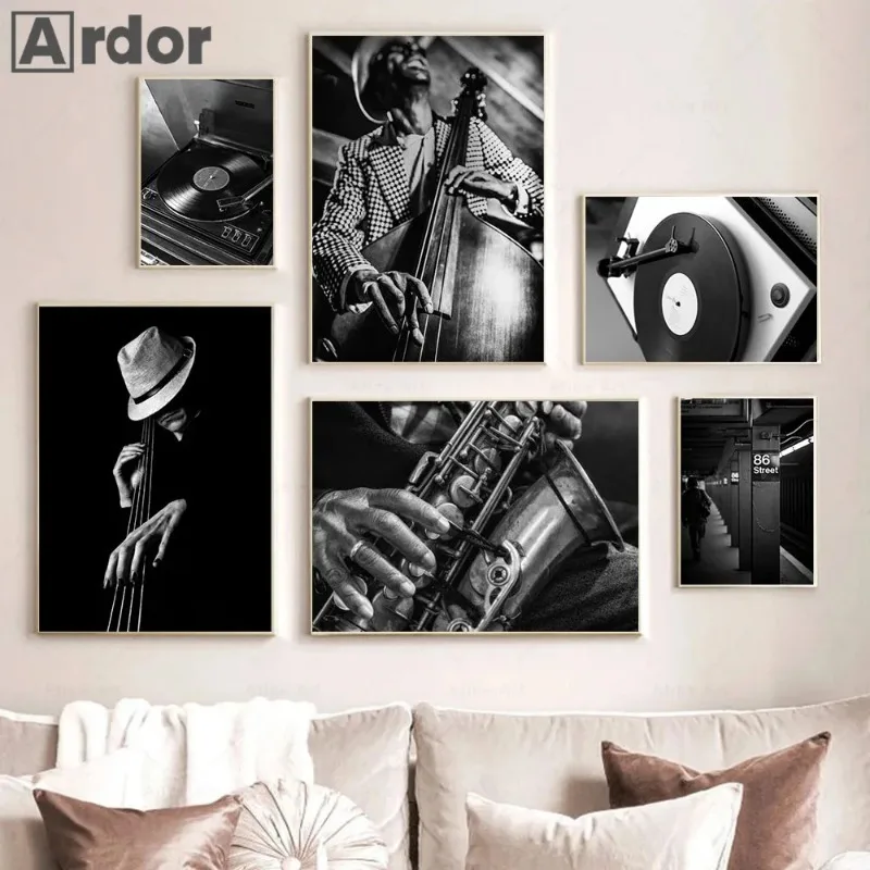 Black And White Poster Band Guitar Jazz Music Canvas Painting Woman Vintage Art Prints Nordic Wall Pictures Bedroom Home Decor
