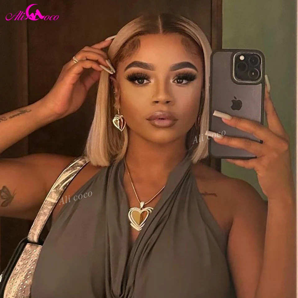 Blonde With Brown Root Human Hair Bob Wigs Straight Lace Front Wig 180 Density Honey Blonde Lace Frontal Wigs for Black Women