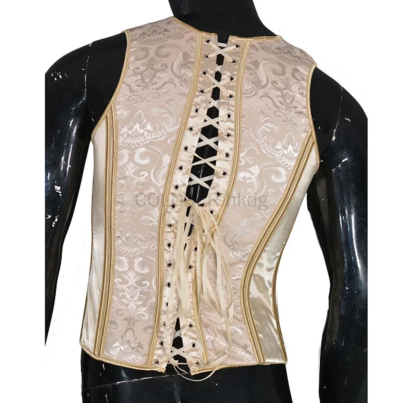 Mens Victorian Steampunk Corset Vest Lace Up Bones Formal Waistcoat Beige Floral Waist Trainer Dress Vest For Wedding Party