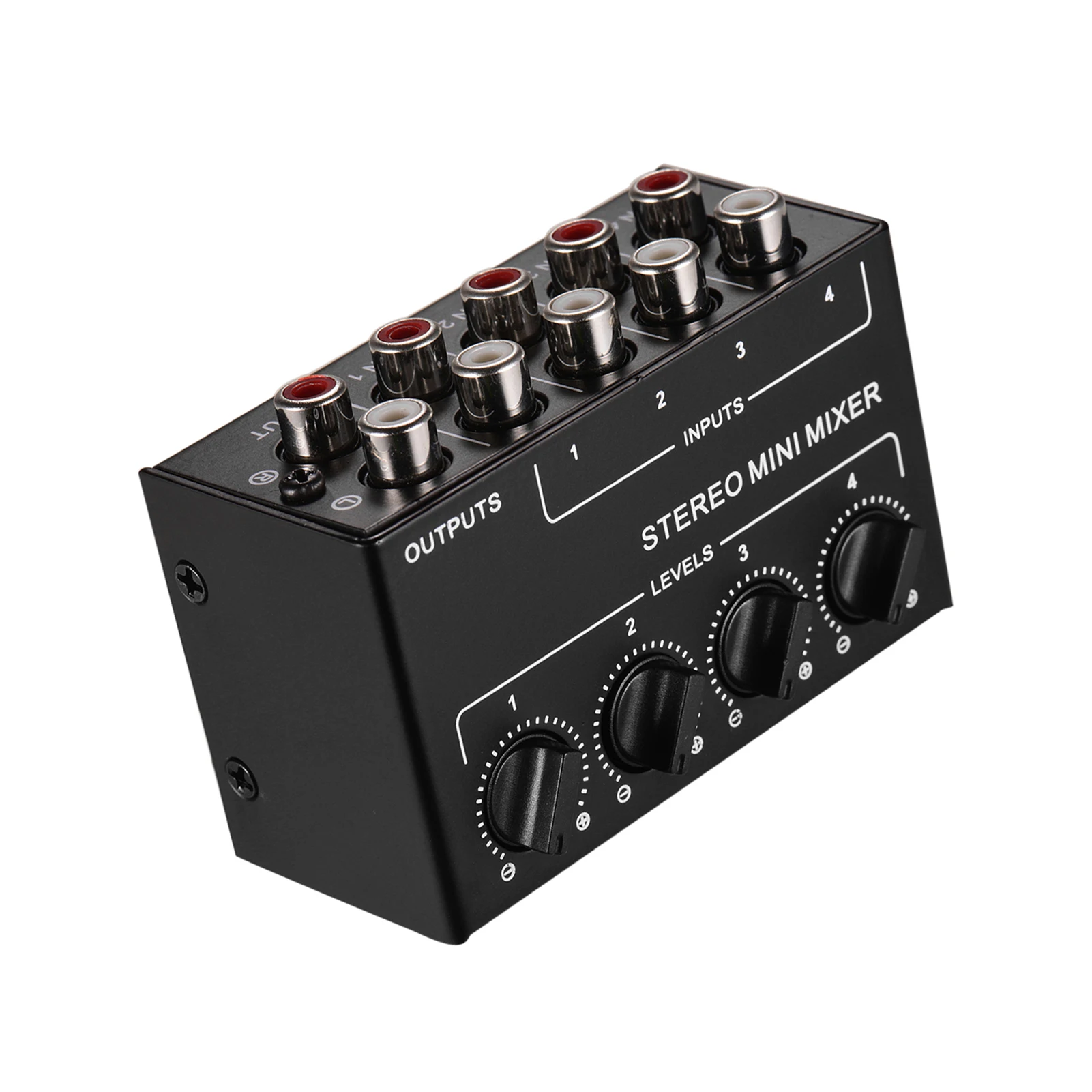 Mini Stereo Mixer Audio, 4-Channel RCA entradas, controles de volume separados, Full Metal Shell