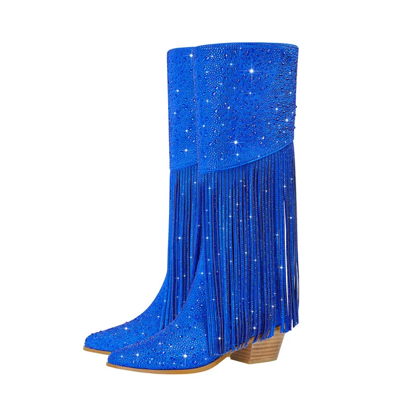 British Style Orange Royal Blue Long Rhinestone Tassel Knee Boots Pointed Toe Chunky Heel Long Crystal Fringe Knight Boots