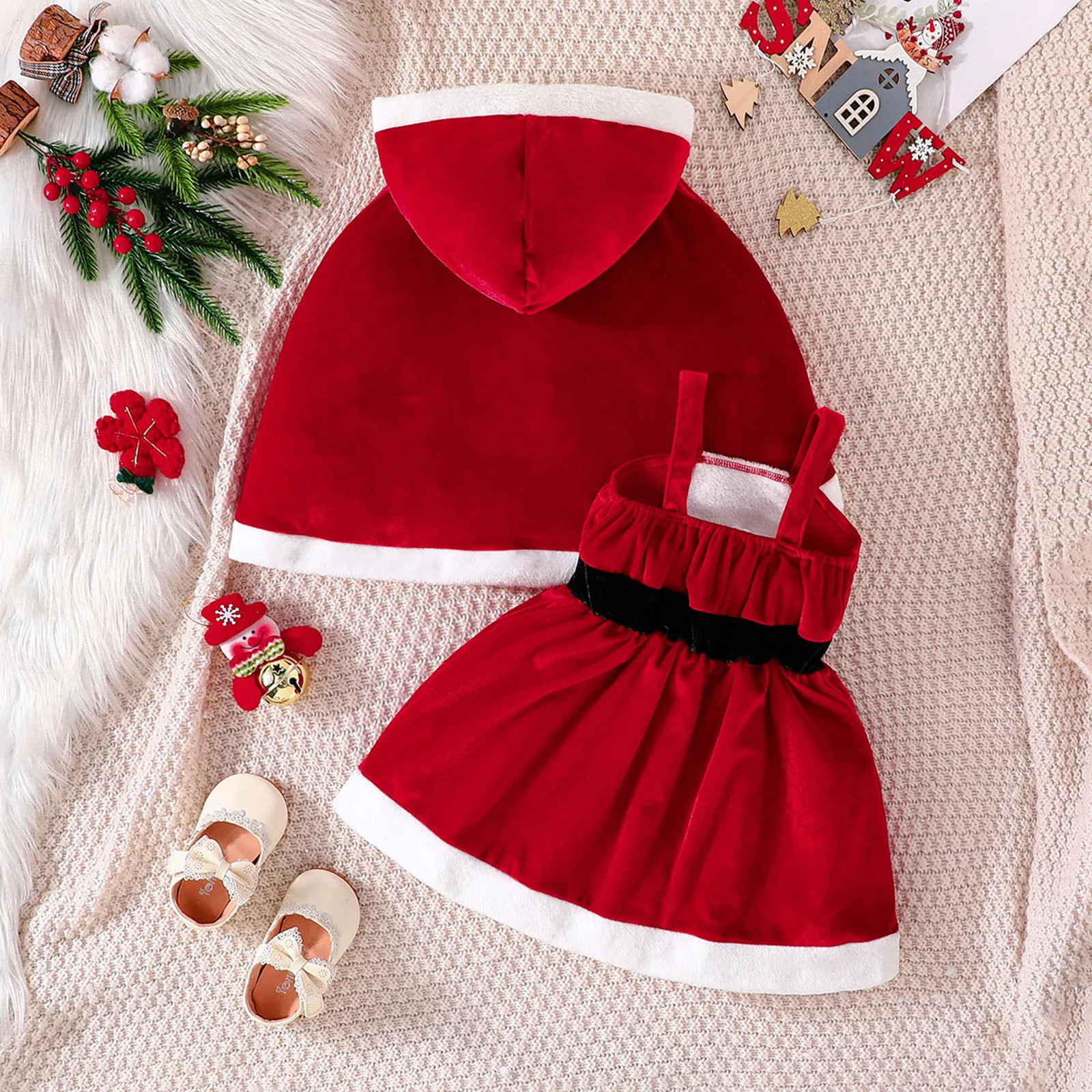 Toddler Girls Christmas Outfits Sets Autumn Winter Fleece Sleeveless Christmas Vest Dress Hooded Cloak Sets 1-5T Baby Clothes