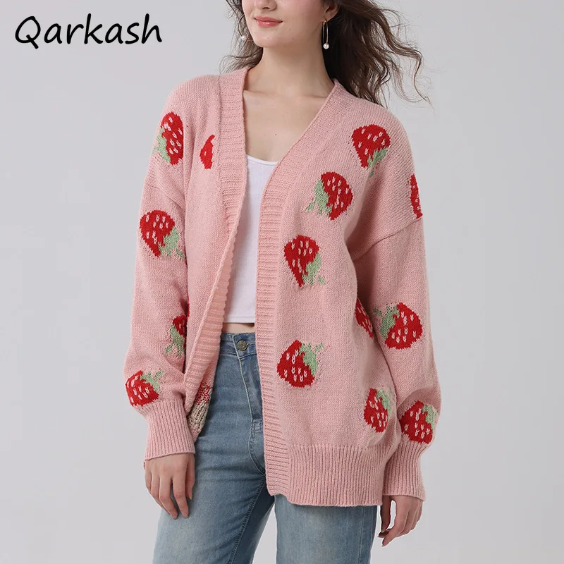 Cardigan for Women Autumn Winter Cozy New Casual Strawberry Pattern All-match Knitted Sweaters Sweet Cute Girls Korean Fashion