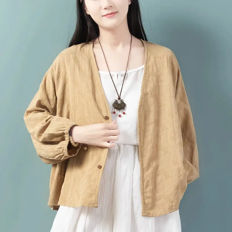Women Linen Textured Cardigan Sunscreen Shirt Loose Batwing Long Sleeve Short Outwear Casual Open Front Outerwear CH-302