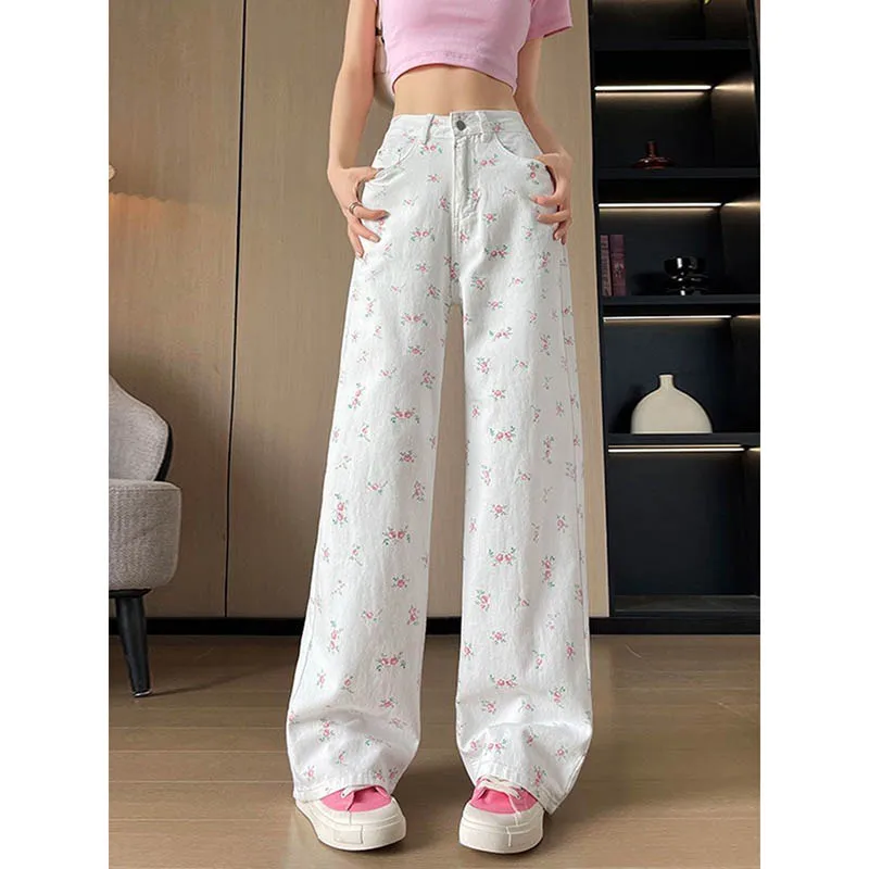 Pantalones vaqueros rectos con flores rotas para mujer, pantalones finos sueltos de cintura alta, pantalones de pierna ancha informales, pantalones vaqueros de cintura alta para primavera y verano