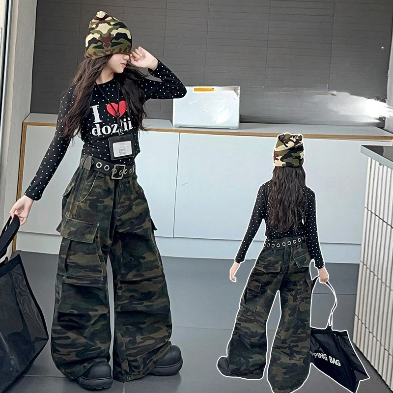 teen girl camouflage pants fashion junior kids multi-pocket cargo pants cotton Dot printed letter T-shirt child trousers outfits