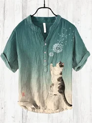 Spring and summer linen blend shirt stand alone casual cat print Hawaiian style printed shirt