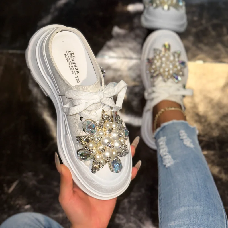 

Women's Canvas Half Slippers Breathable Casual Sneakers for Women Platform Vulcanize Shoes Luxury Comfort Slip on Canvas Shoes