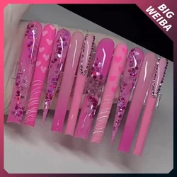 Handwork Acrylic Long Coffin Nail Art French Press On Full Cover Nail Tips High-End Customizable Diamond Detachable 3D Nail Art