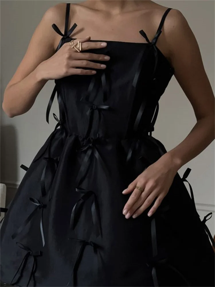 Tossy noir t-shirt nœud décontracté Mini robe femme pansement dos nu été 2025 nouveau Patchwork Spaghetti robe femmes robe moulante