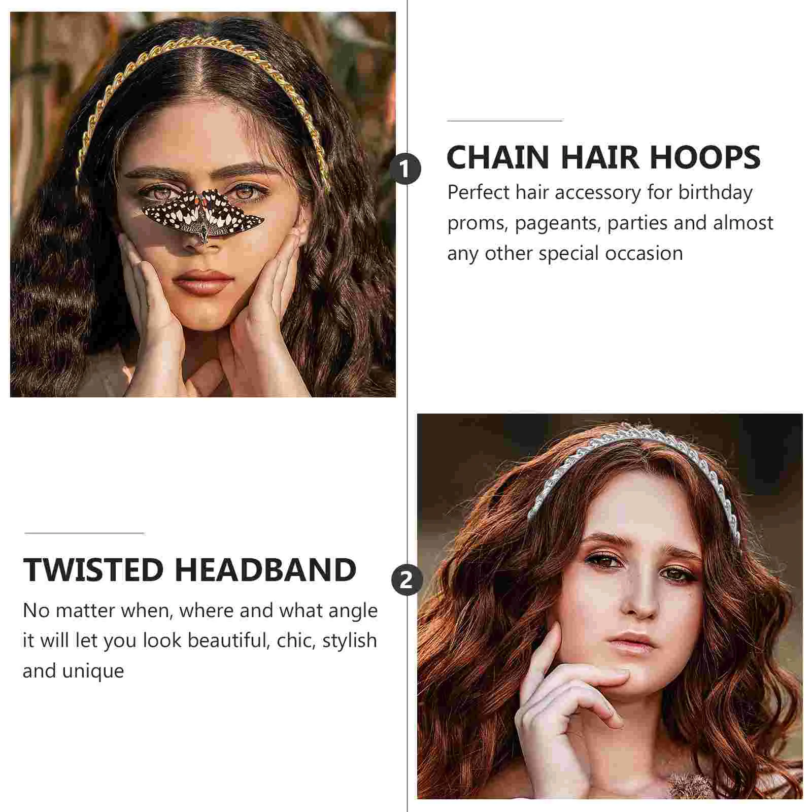 2 Pcs Chained Metal Headband Miss Rhinestone Hair Bands for Womens Girls Headbands Party Hoops