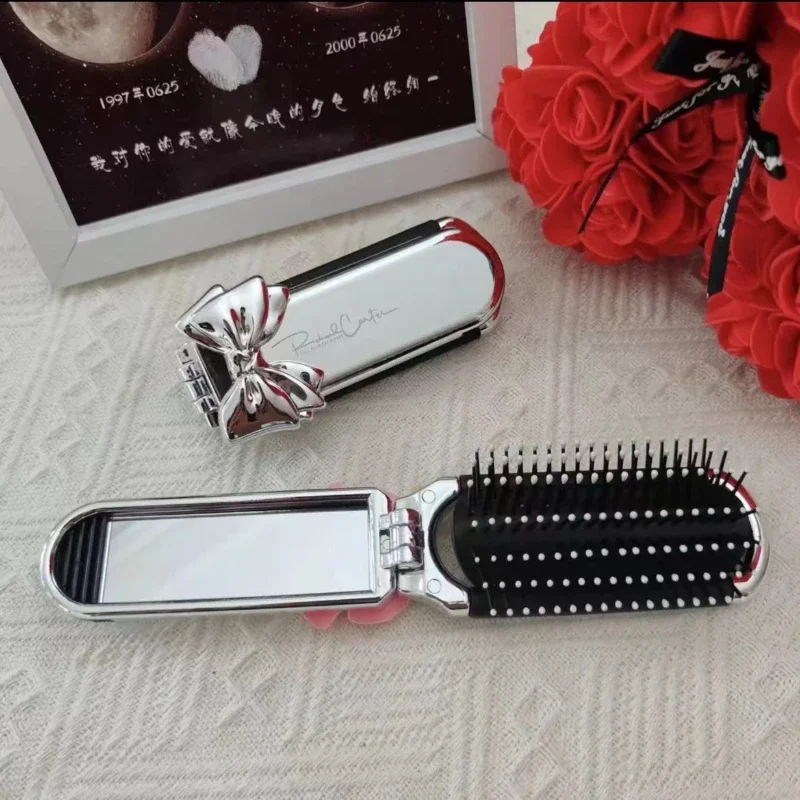 Cute Folding Home Mini Bow Hair Brushes Women Portable Dual-use Baby Girls Detachable Massage The Scalp Airbag Comb with Mirror