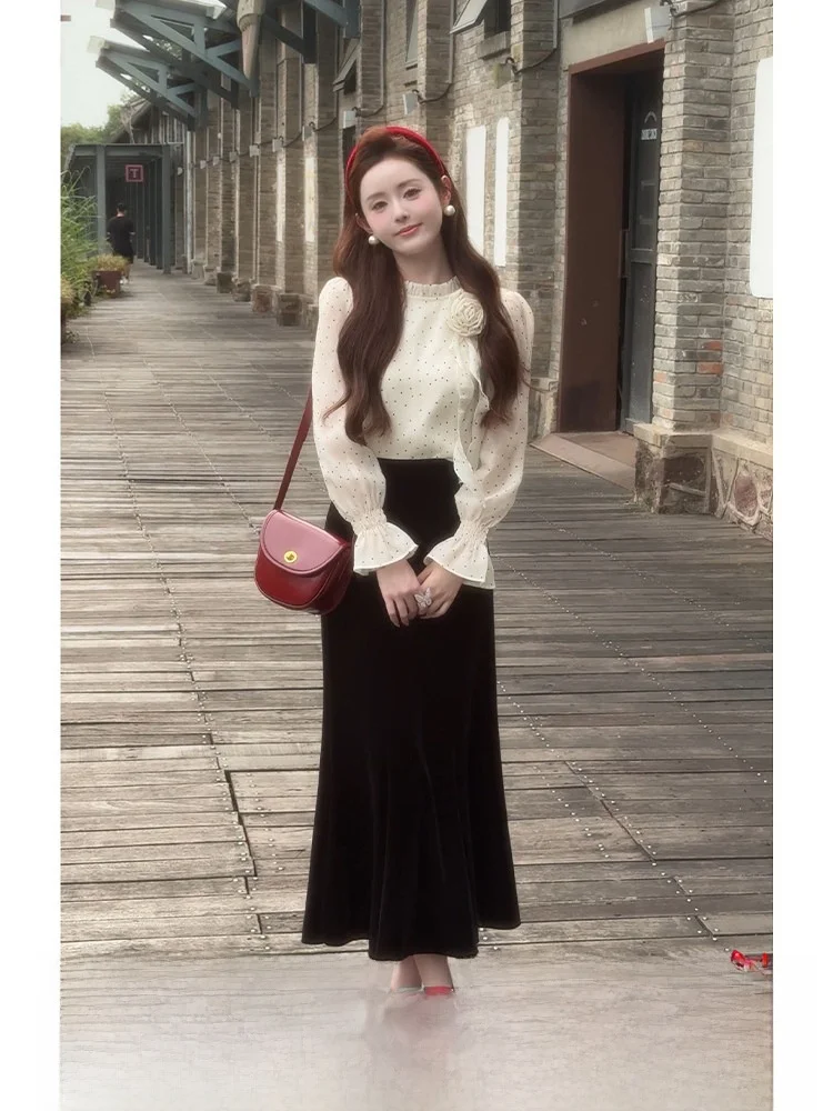 

Vintage Polka Dot irt 2025 Autumn New Sle Versatile Ele Top Women's Faion Ruffle Sve Length Long Loose Fit irt