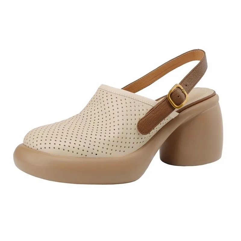Letnie buty na wysokim obcasie dla kobiet w stylu Retro Hollow zakryte palce grube podeszwy sandały na wysokim obcasie kobiece modne pantofle