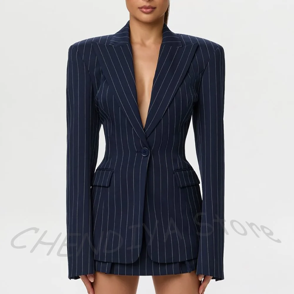 Classic Striped Women's Blazer Suit Sets Peak Lapel One Button Elegant Chic Two Pieces Outfit Formal Event Jacket Short Skirt