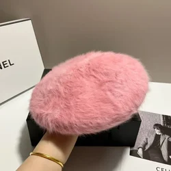 Fluffy Rabbit Plush Solid Color Wool Beret Female Japanese Casual Autumn Winter Warm Thick Soft Women Painter Hat