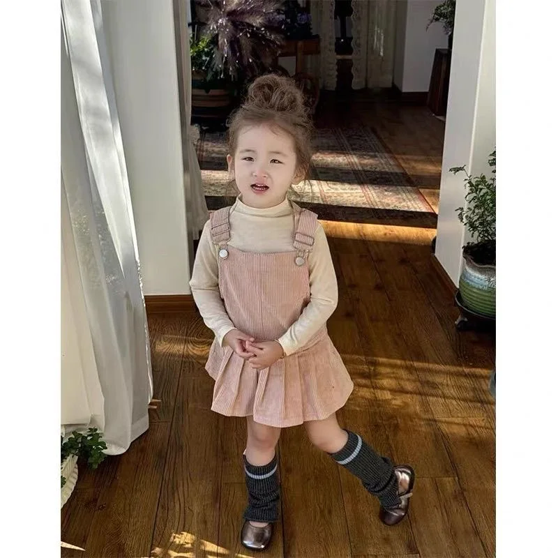 Girls Suspender Skirt Fall New 2026 Kids Pink Corduroy Sleeveless Dress High Neck Undershirt Korean Suspender Skirt