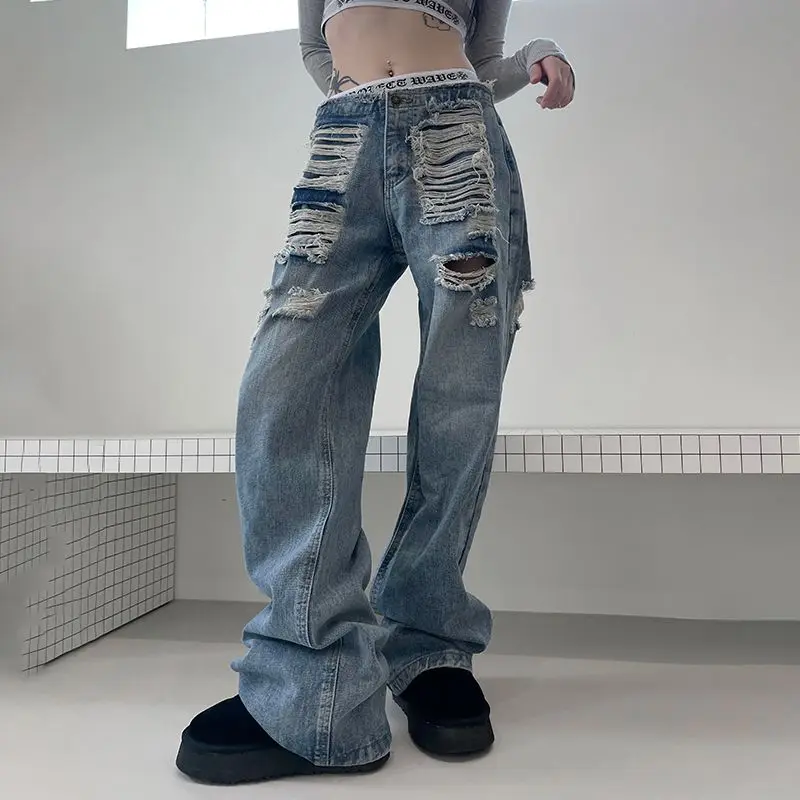 Jeans Hole High Quality High Waist Harajuku 2024 New Bottoms Fashion Y2k Pants Women Straight Vintage Casual Denim Trousers