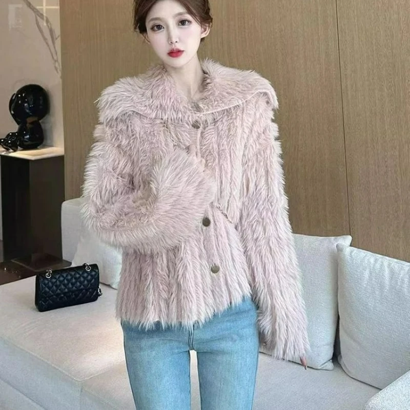 เสื้อคลุมไหมพรมมิงค์ถักทออย่างมีสไตล์ รุ่นใหม่สำหรับฤดูใบไม้ร่วงและฤดูหนาว เสื้อคลุมตัวนอกทรงหลวม เสื้อสเวตเตอร์หนาสำหรับผู้หญิง