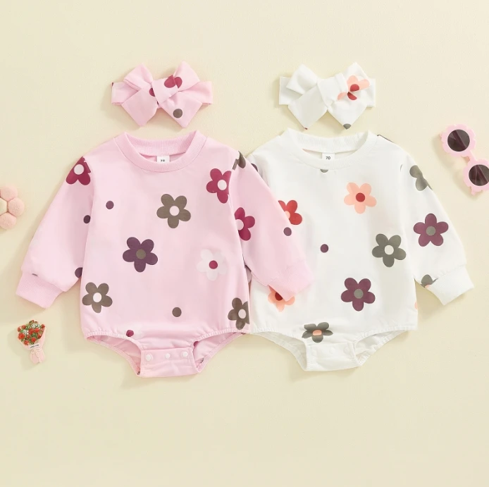 Baby Girl Sweety Sweatshirt Romper Floral Print Round Neck Long Sleeve Bodysuits Jumpsuit with Headband Outfits