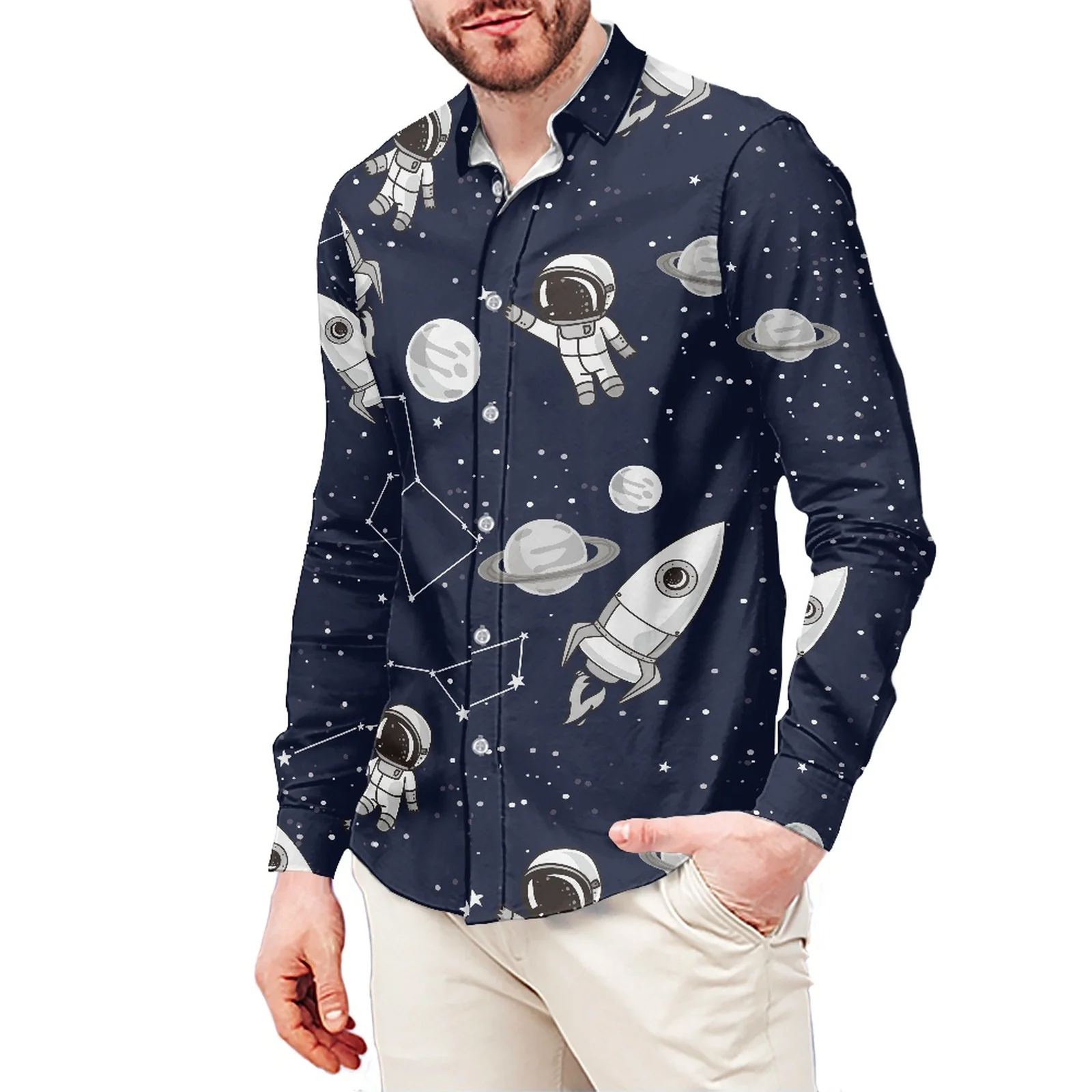 

Astronaut Blue Cartoon Planet Plane Stylish Casual Men's Shirt Stand-Up Collar Shirt 6XL Long Cufflinks Men's Shirt Luxury