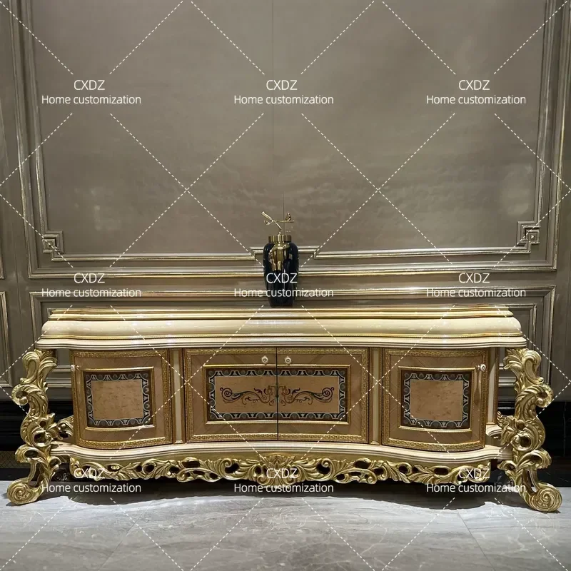 European solid wood TV cabinet French luxury villa living room furniture household carved TV cabinet locker floor cabinet