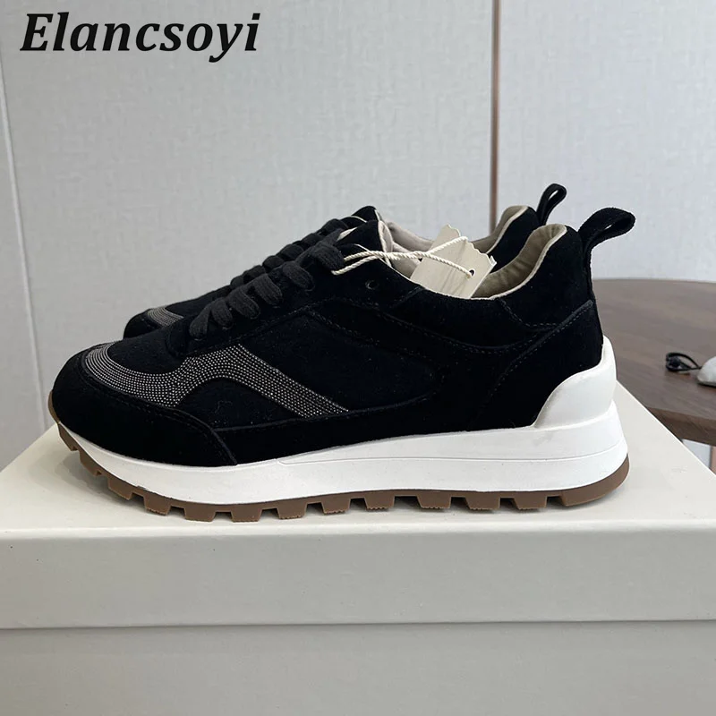 Sneakers Women String Bead Suede Lace Up Flat Shoes Spring Autumn Thick Bottome Daddy Shoes Versatile Comfort Casual Shoes