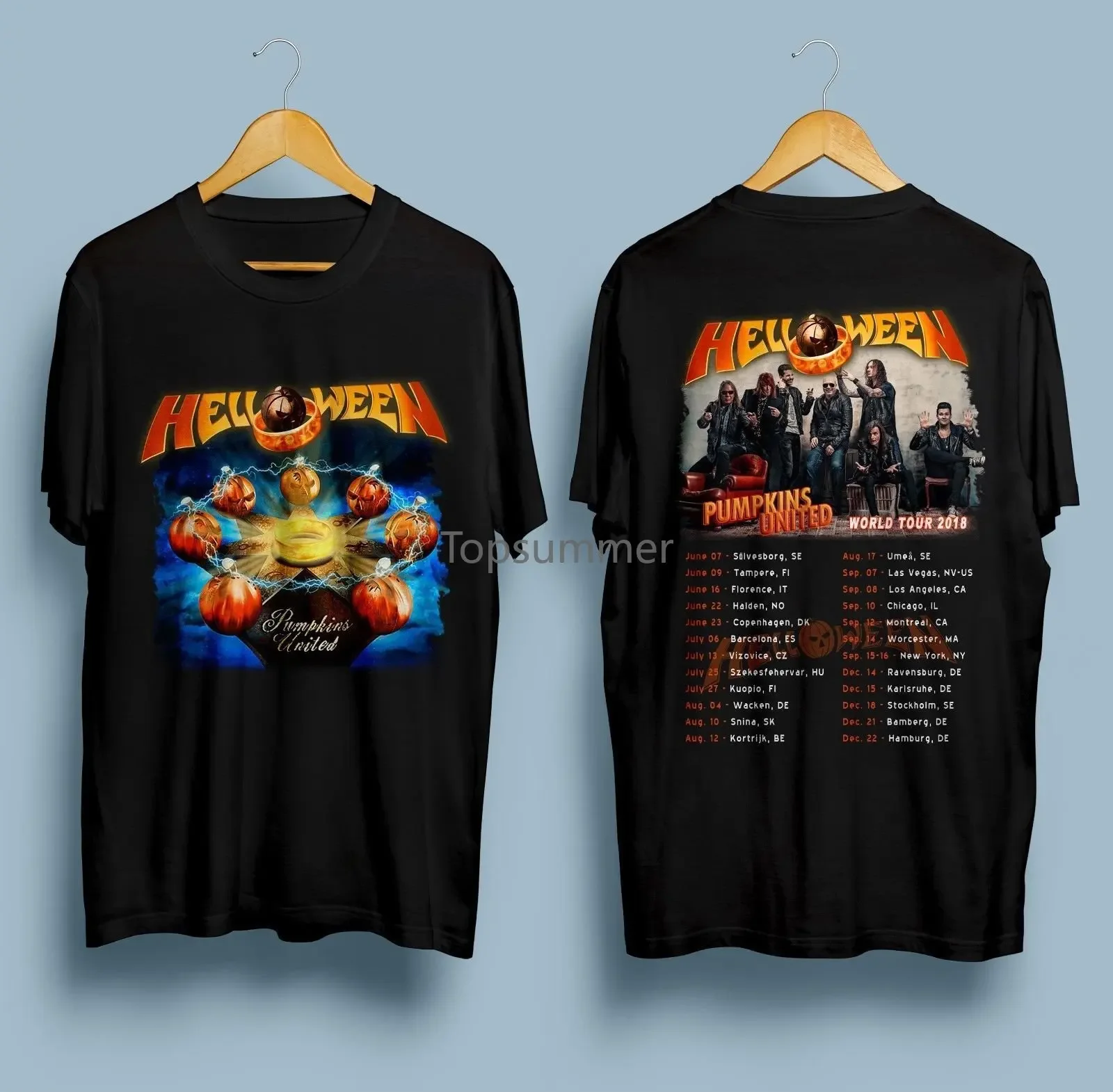 Helloween Pumpkins T-Shirt United World Tour 2018 Dates Black Size Men T Shirt Print Cotton Short Sleeve T-Shirt