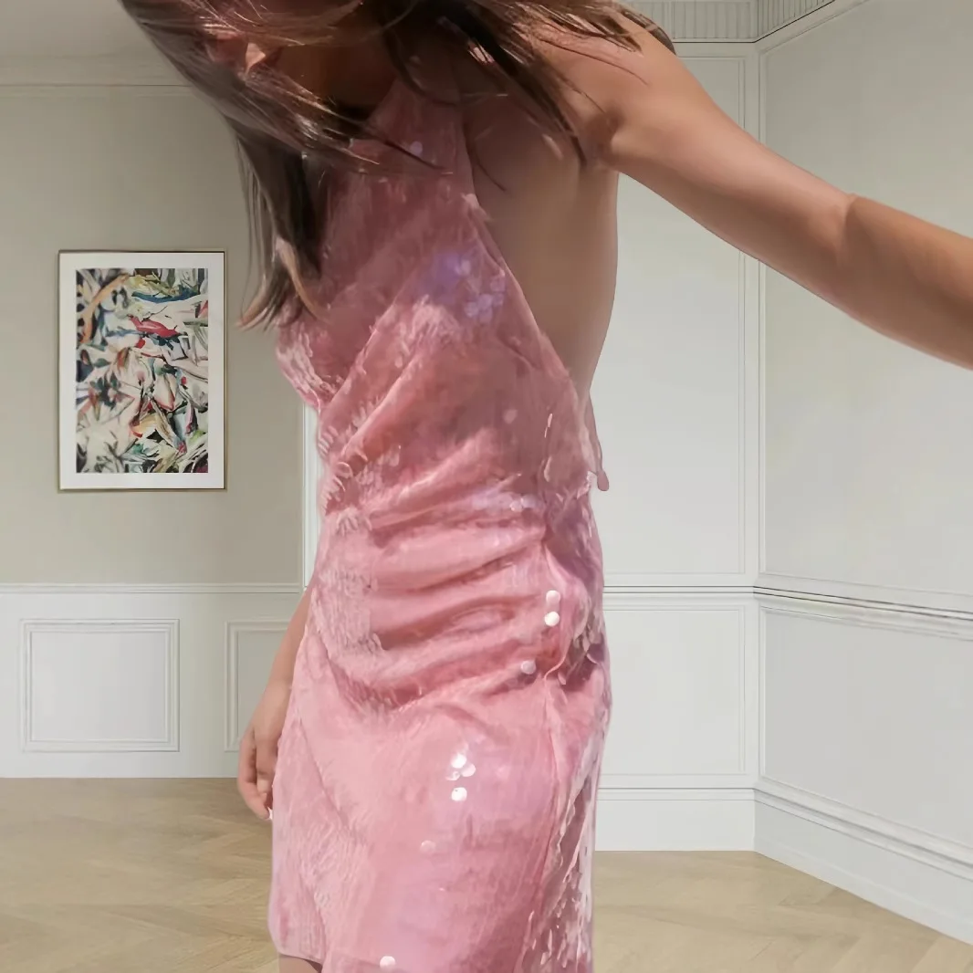 

Spice girl sexy bead neck dress women's 2025 autumn new sweet sleeveless backless pink crew neck skirt