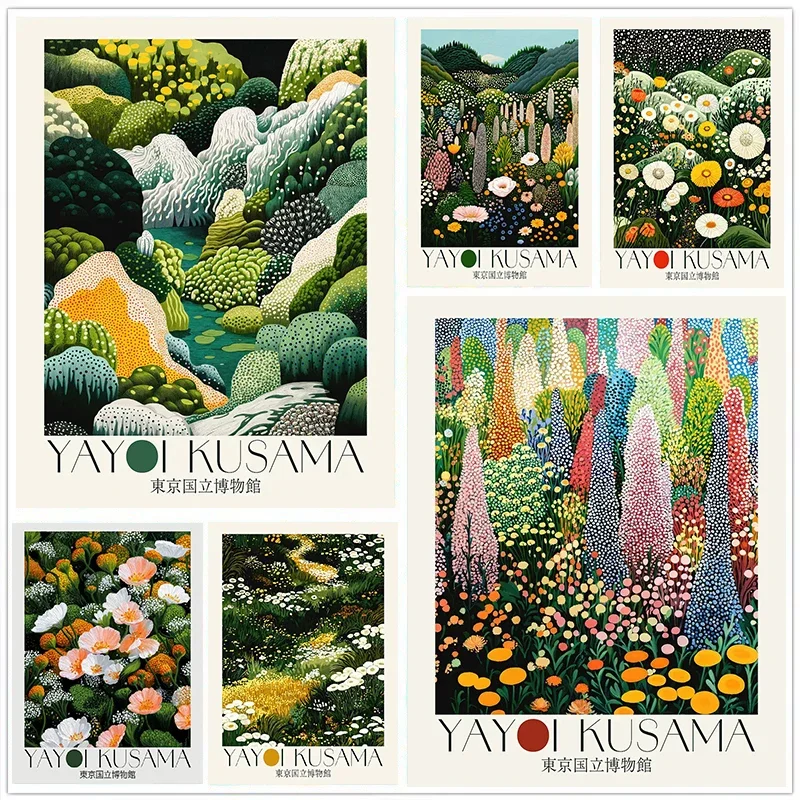 Japanses Yayoi Kusama Inspired Botanical Tokyo Museum Poster Japandi Colorful Floral Artwork Canvas Painting Wall for Home Decor