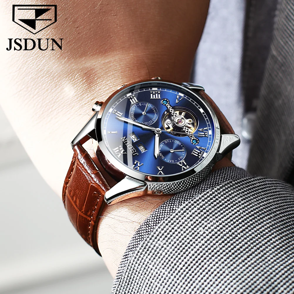 JSDUN 8908 メンズ腕時計 レザーストラップ オリジナル ビジネス 多機能 機械式ベルトウォッチ ﻿   男性へのギフトに最適な防水時計