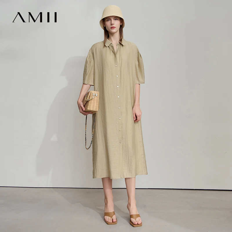 AMII Khaki Lose Bequemes Kleid Einfache 2025, Sommer Berufung Leinen Büro Dame Tropfen Schulter Faul Hohl Frauen Kleid 12542188