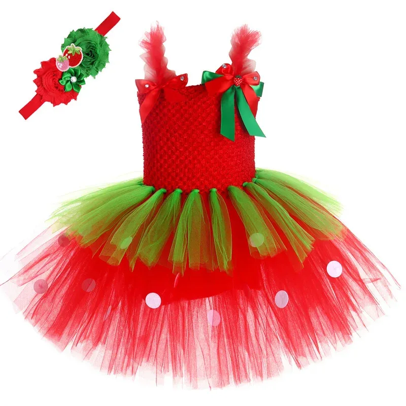 3 Layers Strawberry Ballet Tutus Dresses for Baby Girls Fruits Birthday Party Outfit Kids Fluffy Christmas Costumes with Hairbow