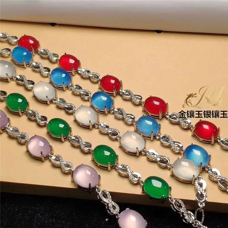 

Jade Green Chalcedony Bracelet with Emerald Agate925Silver Inlaid Simple Gemstone Bracelet