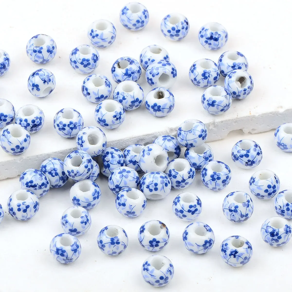 30pcs 0.8cm/1cm Blue Round Flower Patterns Ceramic Beads Chinese Style For Pendant Charm Bracelets Pottery and Porcelain Jewelry