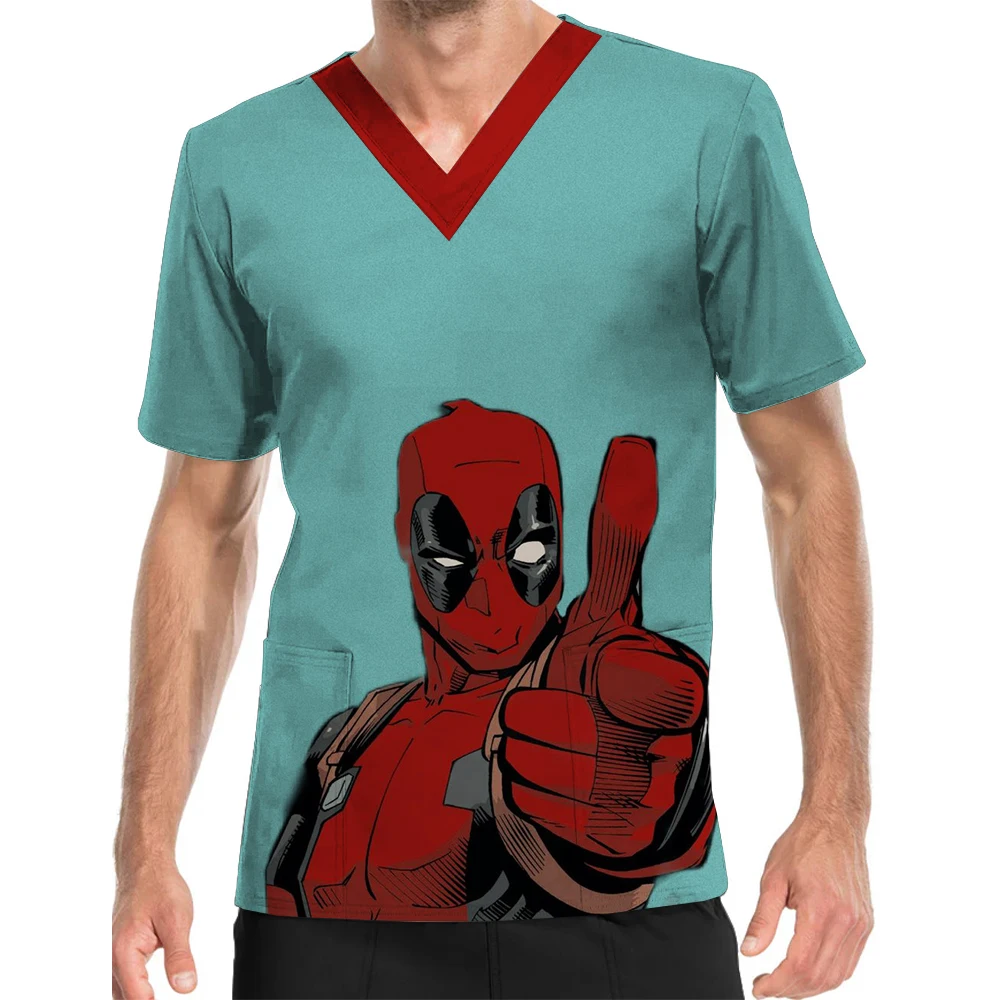 V-Neck Print Scrub Top Surgical Gown Men's Deadpool Pattern Printed Medical Uniform Doctor Nurse Surgical Gown Top