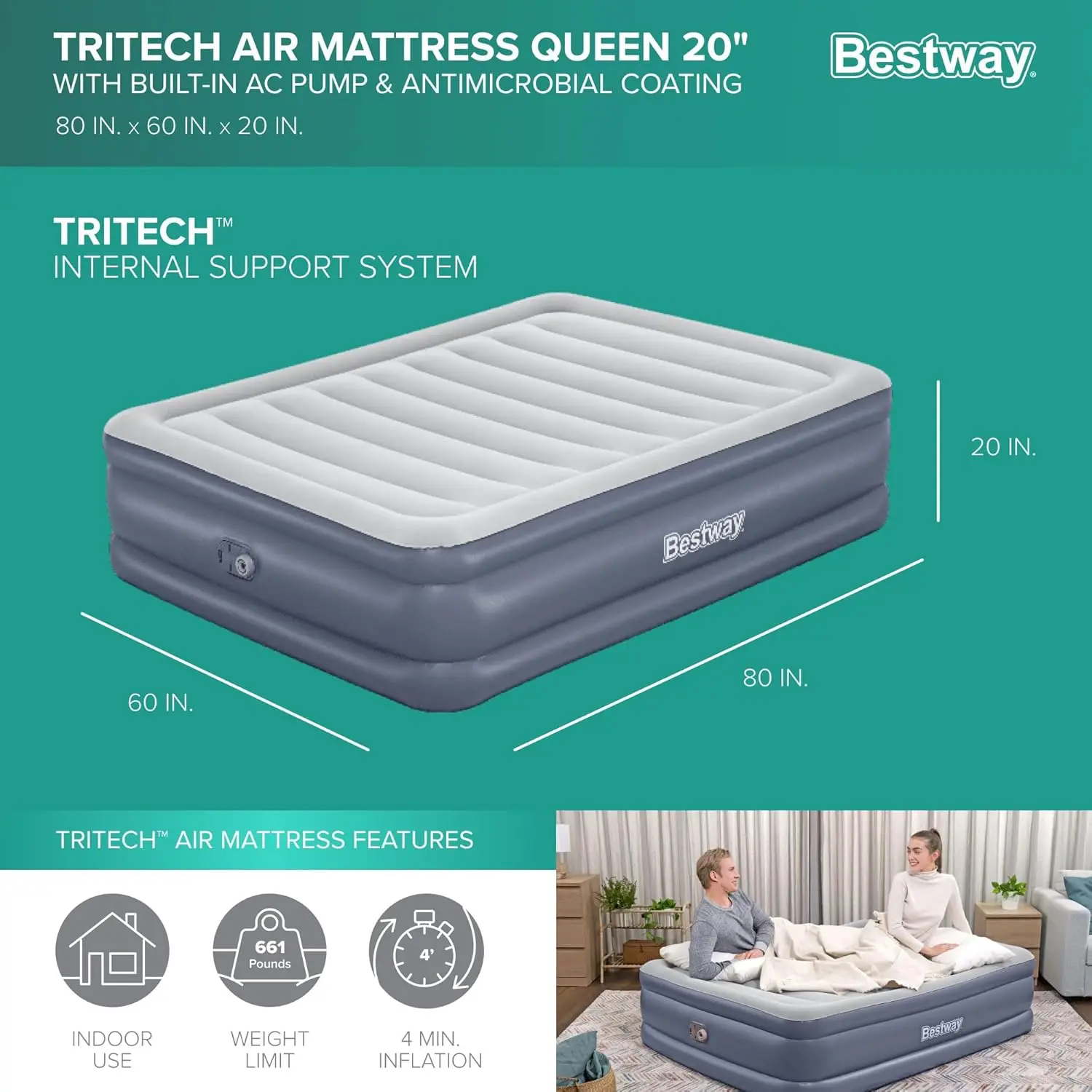 Bestway Tritech 20 Inch Thick Durable Comfortable Air Mattress Portable Relaxing Blow Up Bed With Built-In Ac Pump For 4 Minute